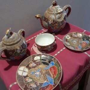 Antique/Vintage Circa 1940's 10-Piece Lithopane Ceramic Geisha/Asian Teaware